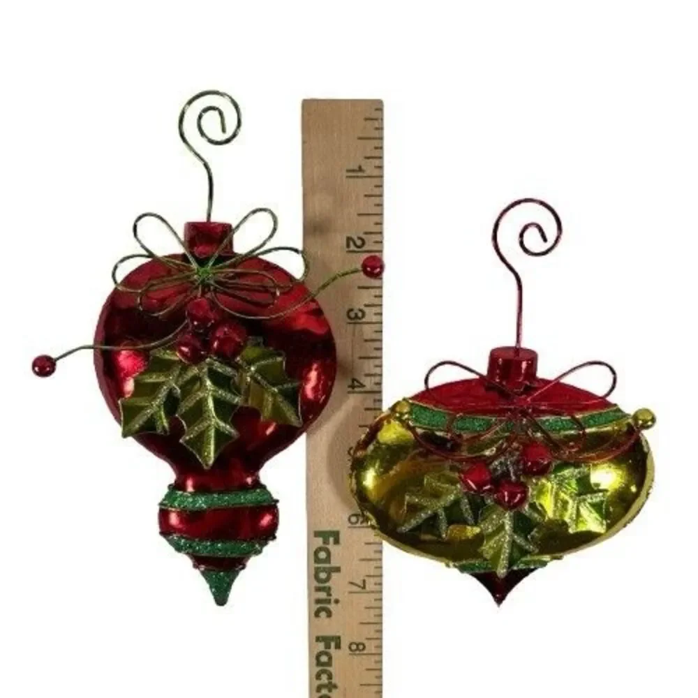 2 Large Vintage Metal Red & Green Christmas Ornaments Holly Berry w/Bells & Hook